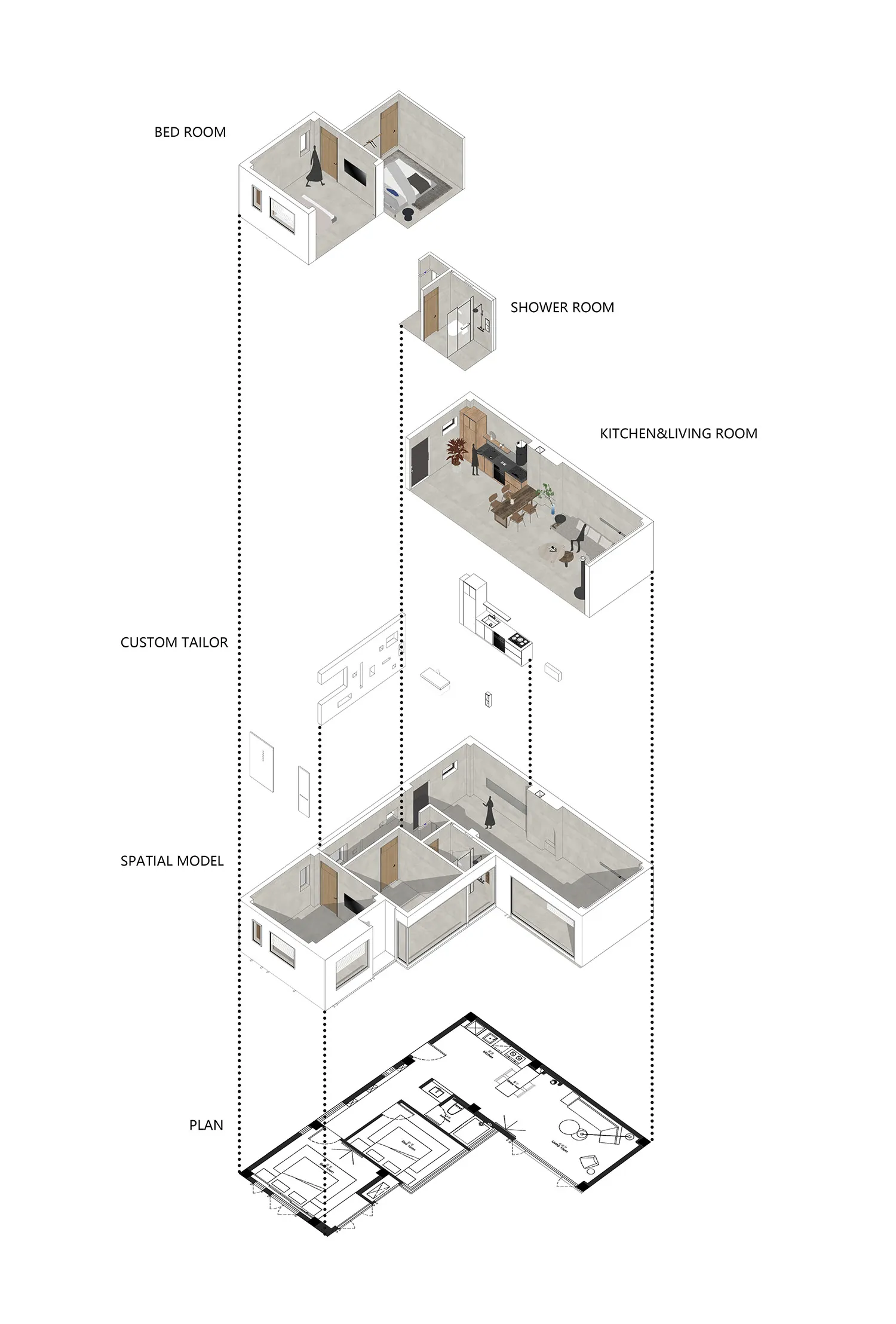 一張描繪現代住宅室內混凝土表面的建築平面圖。