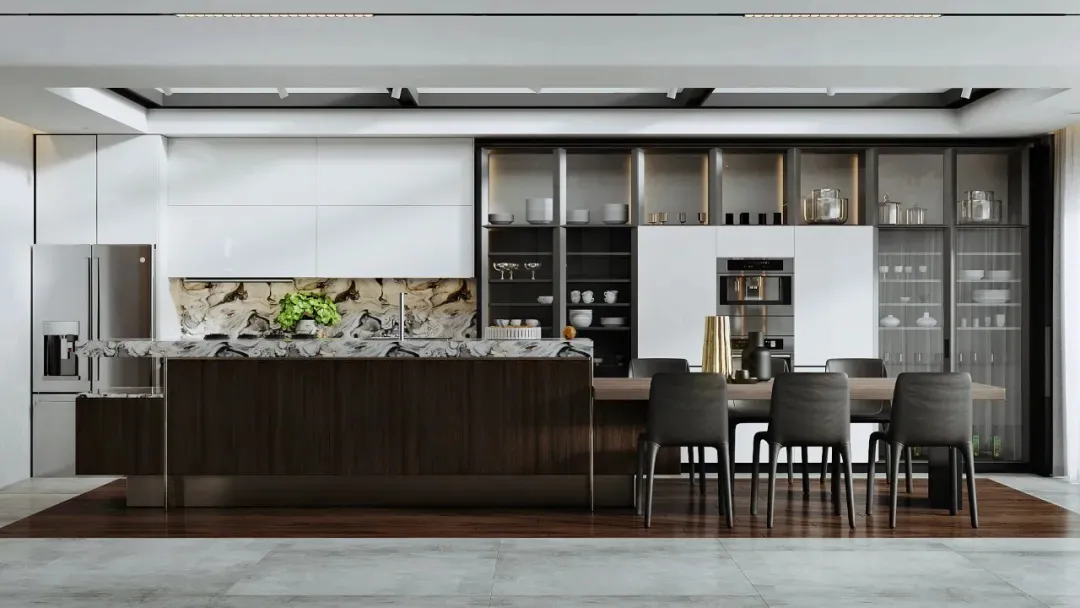 A modern residential kitchen featuring a marble countertop.