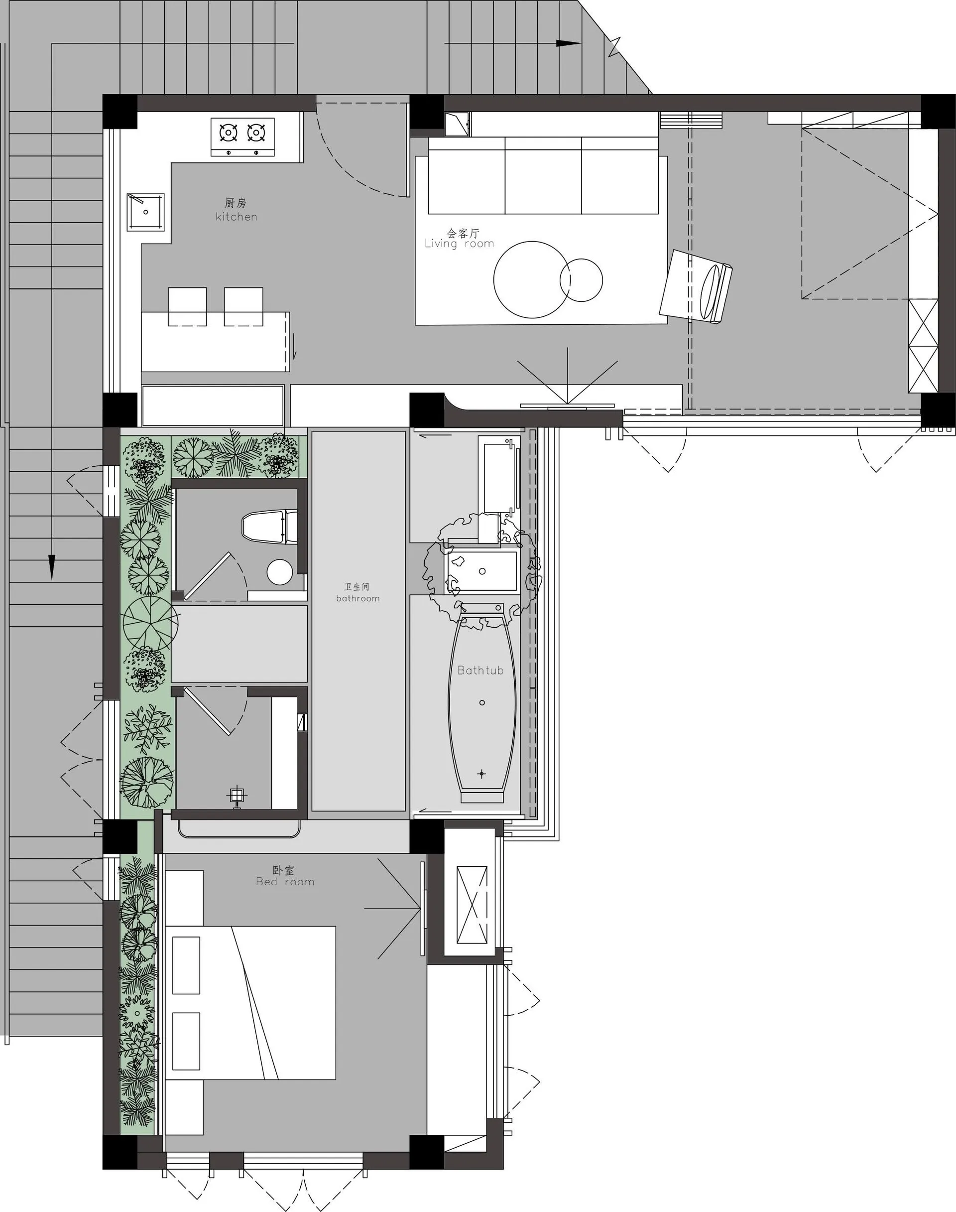 Floor plan of a modern residential interior with kitchen, living room, bathroom, bedroom, and bathtub.