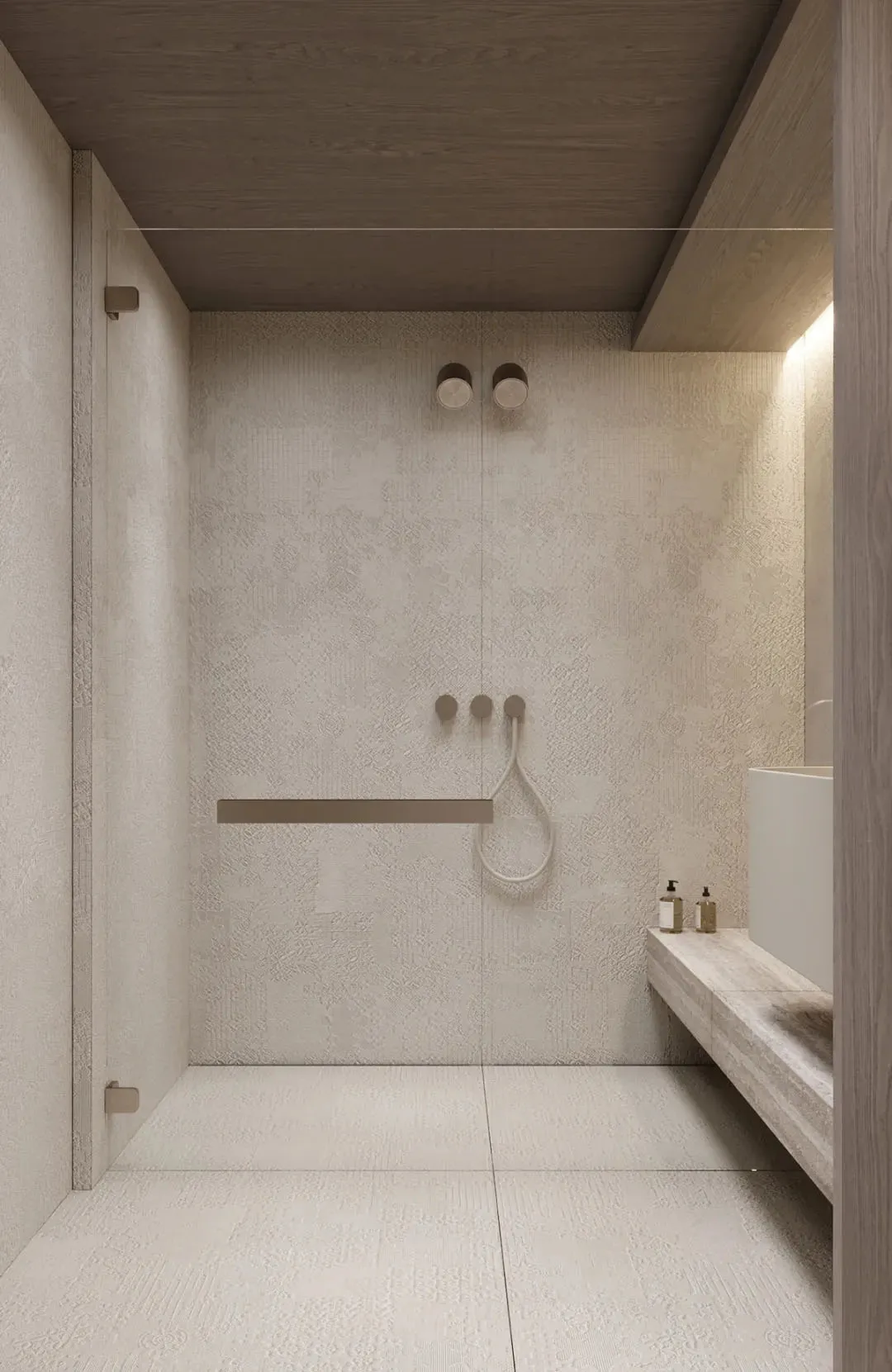 A modern, minimalist bathroom with textured tile walls and floor.