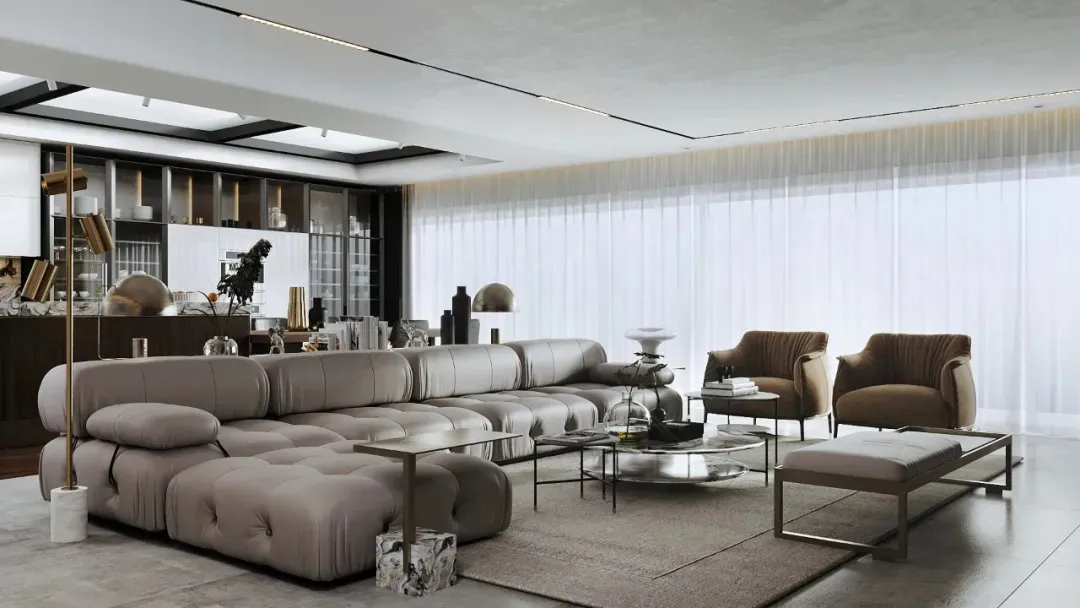 Contemporary living room featuring luxurious fabric upholstery, modern coffee tables, and minimalist decor.