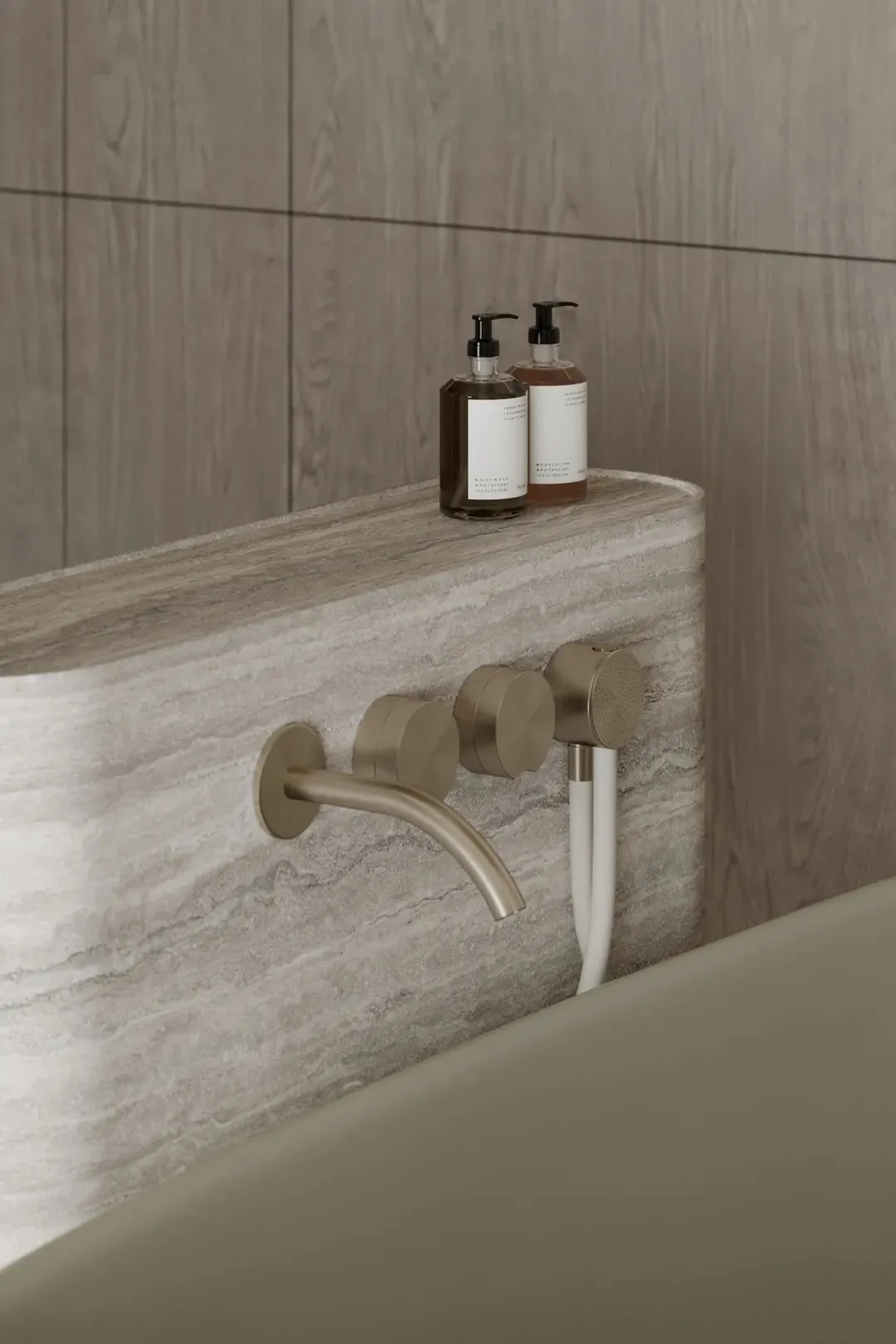 Minimalist bathroom featuring a marble faucet set with a sleek design.
