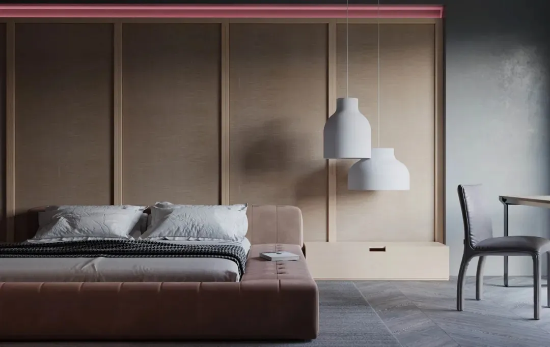 A minimalist bedroom with a textured rope mattress and white pendant lights hanging from a pink ceiling.
