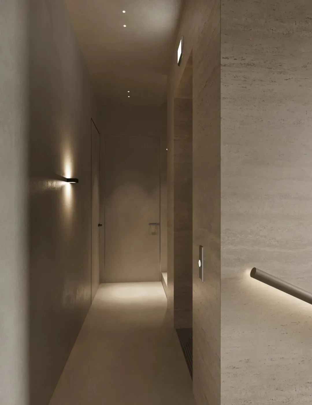 Minimalist design corridor with concrete walls, floor, and ceiling.