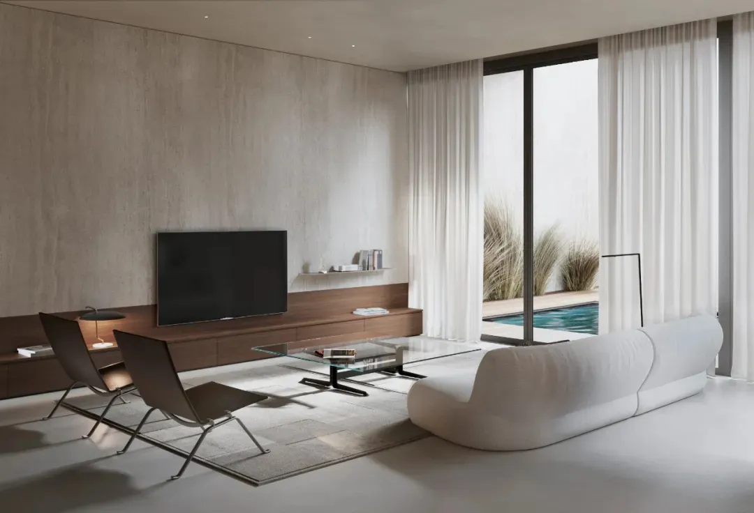 Modern minimalist living room with glass coffee table, concrete wall, and fabric sofa, featuring a floating entertainment uni