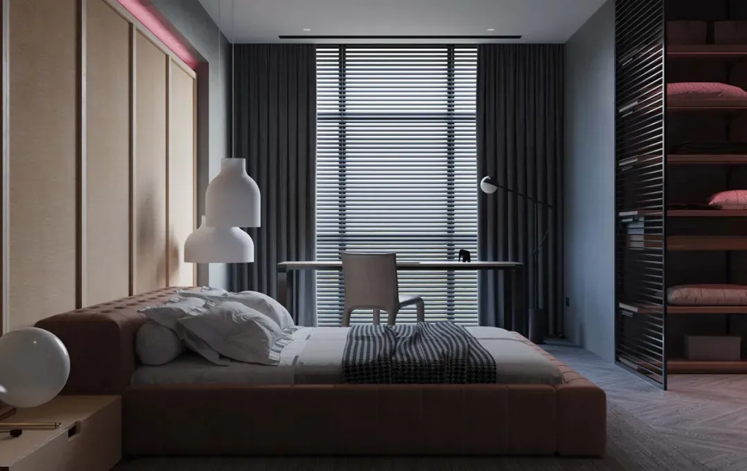 A modern bedroom featuring comfortable furniture, clean lines, and minimalistic decor.