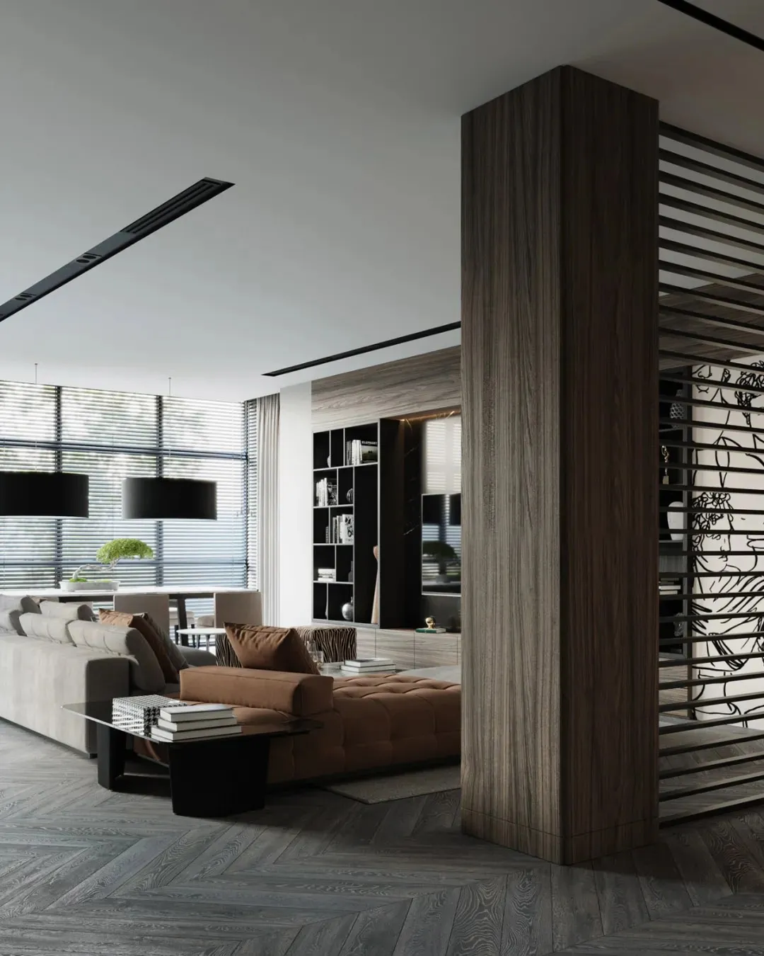 Modern living room with a brown sofa and herringbone-patterned wooden flooring.