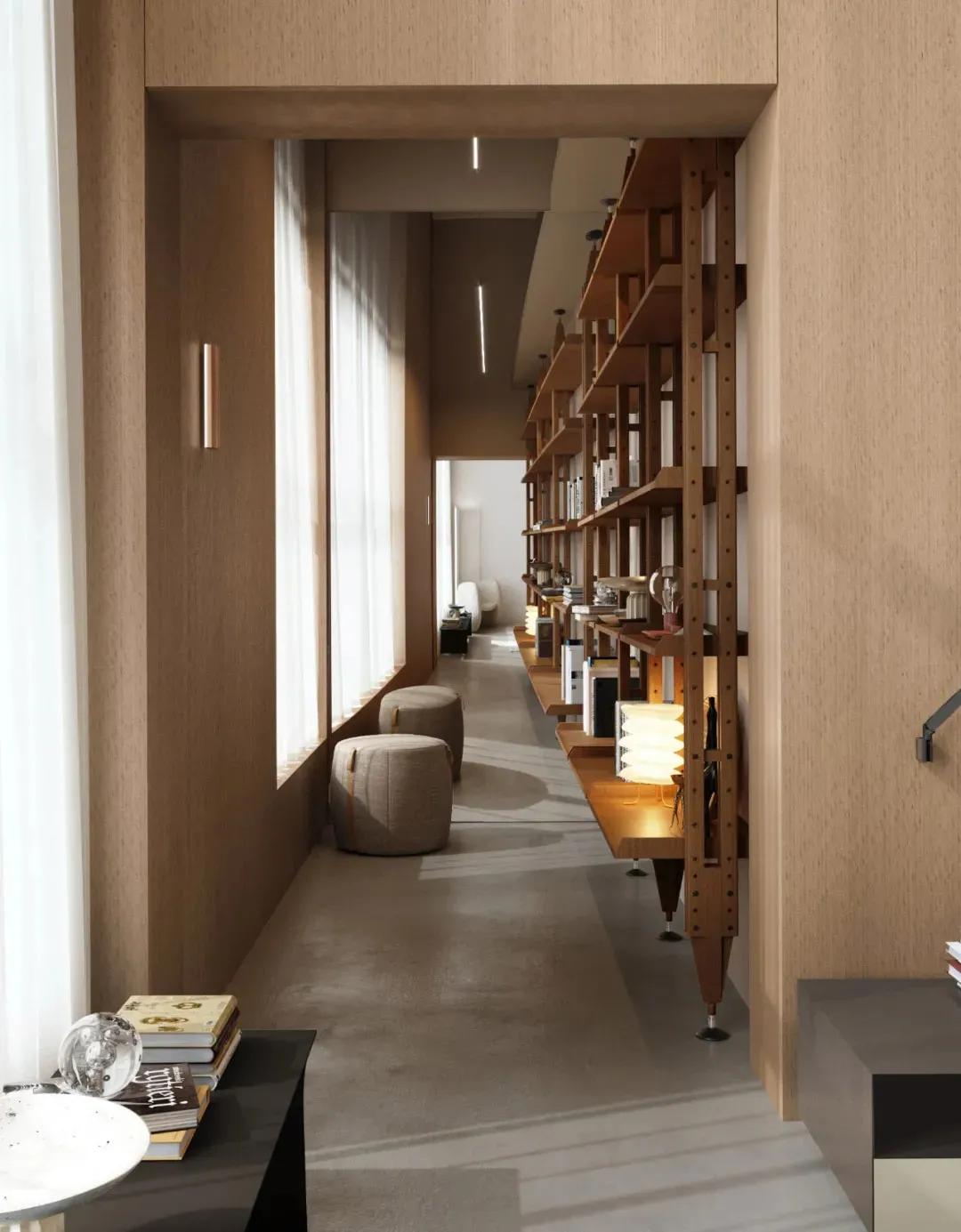 A modern, wooden-designed library corridor with shelves and seating.