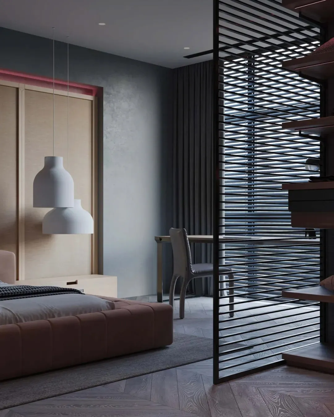 A modern minimalist bedroom with a single bed, white pendant lights, and a black lattice divider.
