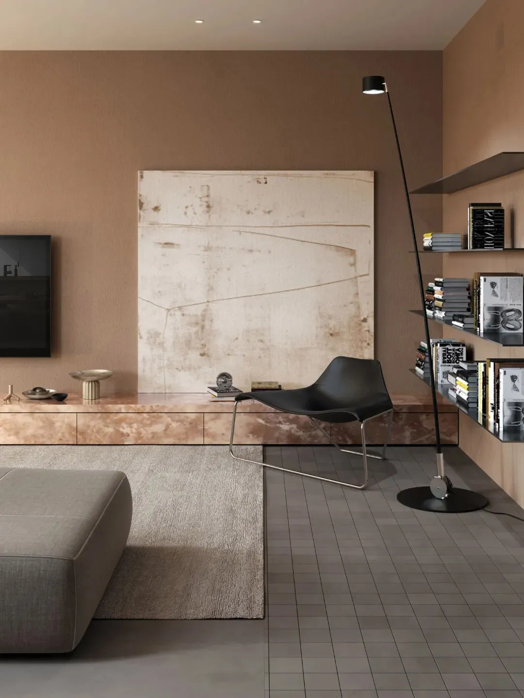A modern minimalist living room with concrete textures and neutral color palette.