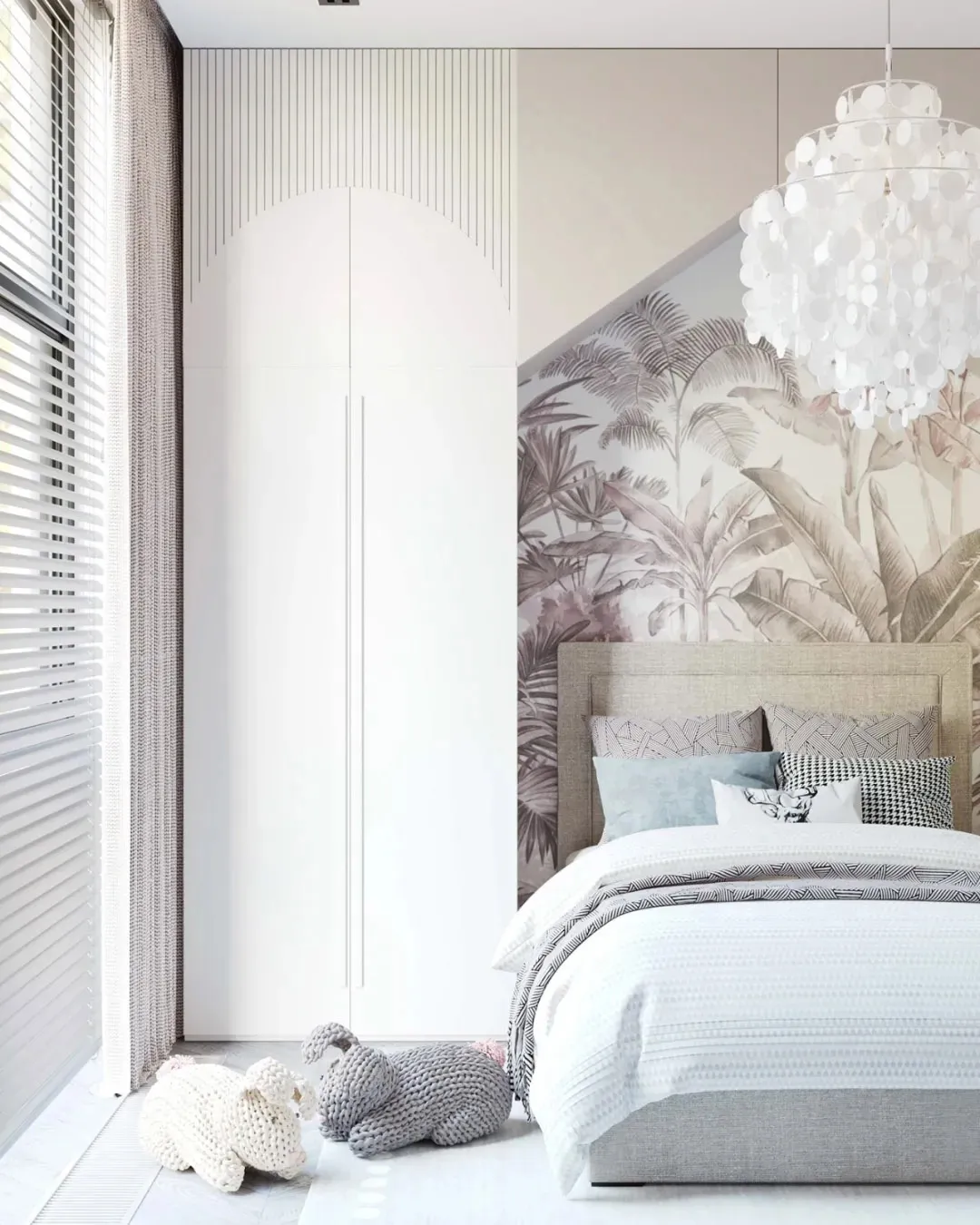 A modern bedroom featuring a neutral color palette, a white bed with patterned bedding, and a large window with blinds.