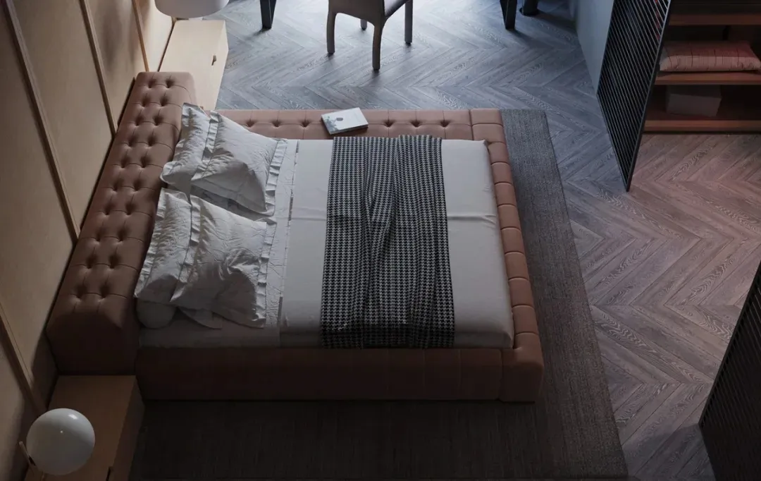 A modern bedroom featuring a textured fabric bed with a wood headboard and grey rug on a wooden floor.