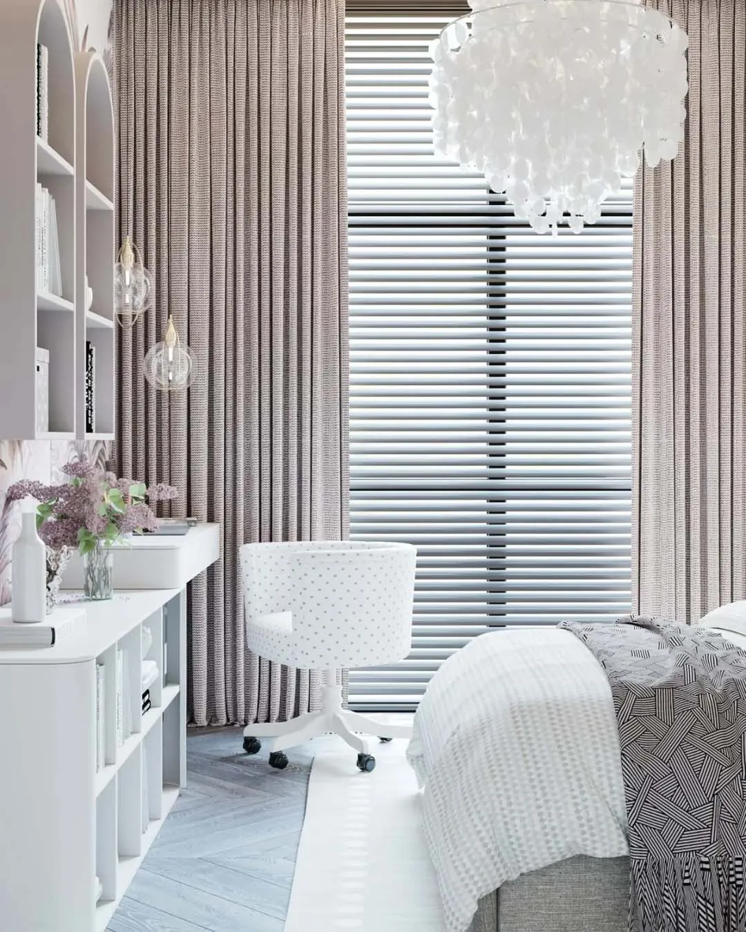 A photograph of a modern minimalist interior design featuring white fabrics.