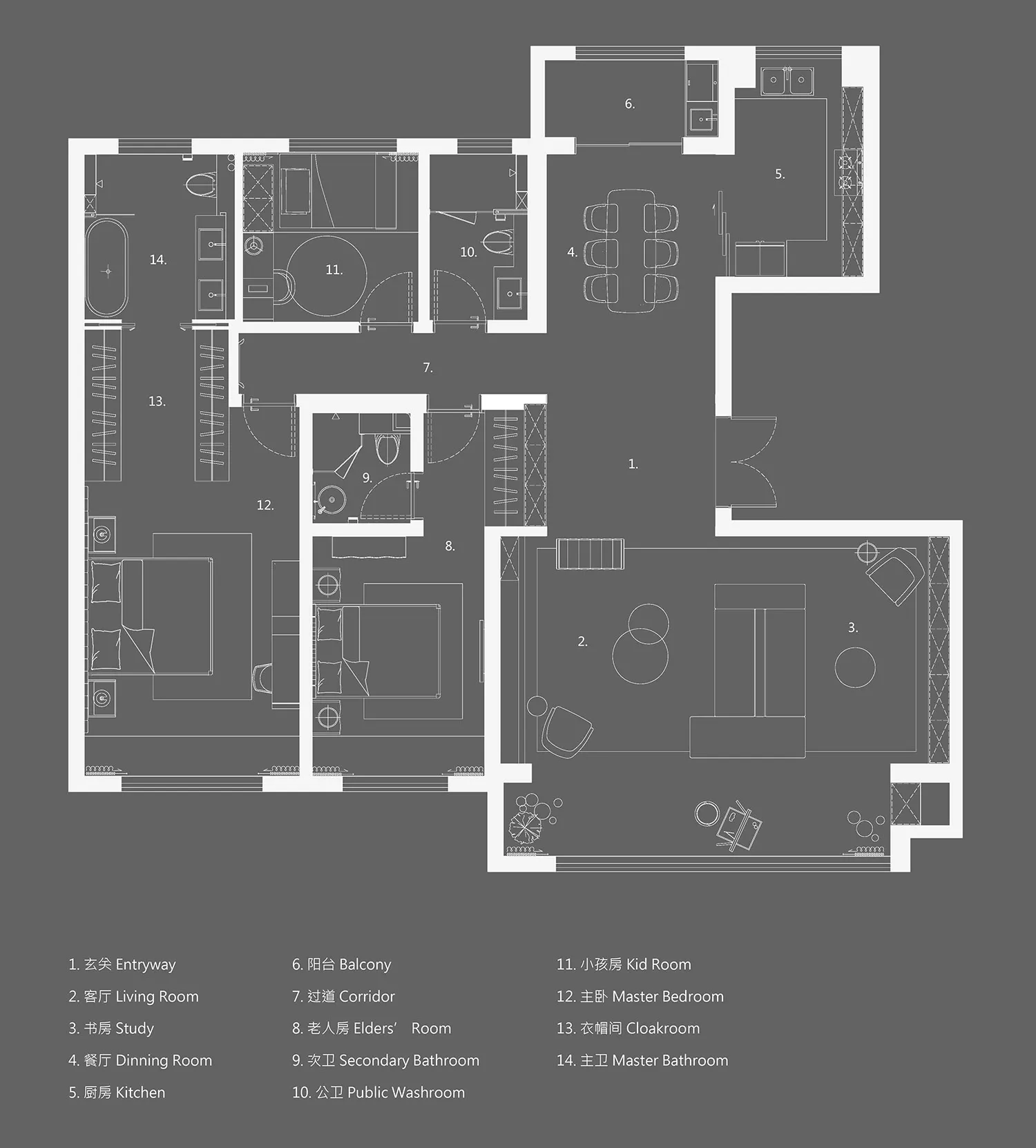 Detailed architectural layout of a modern residential space, including rooms such as living room, dining room, kitchen, and b