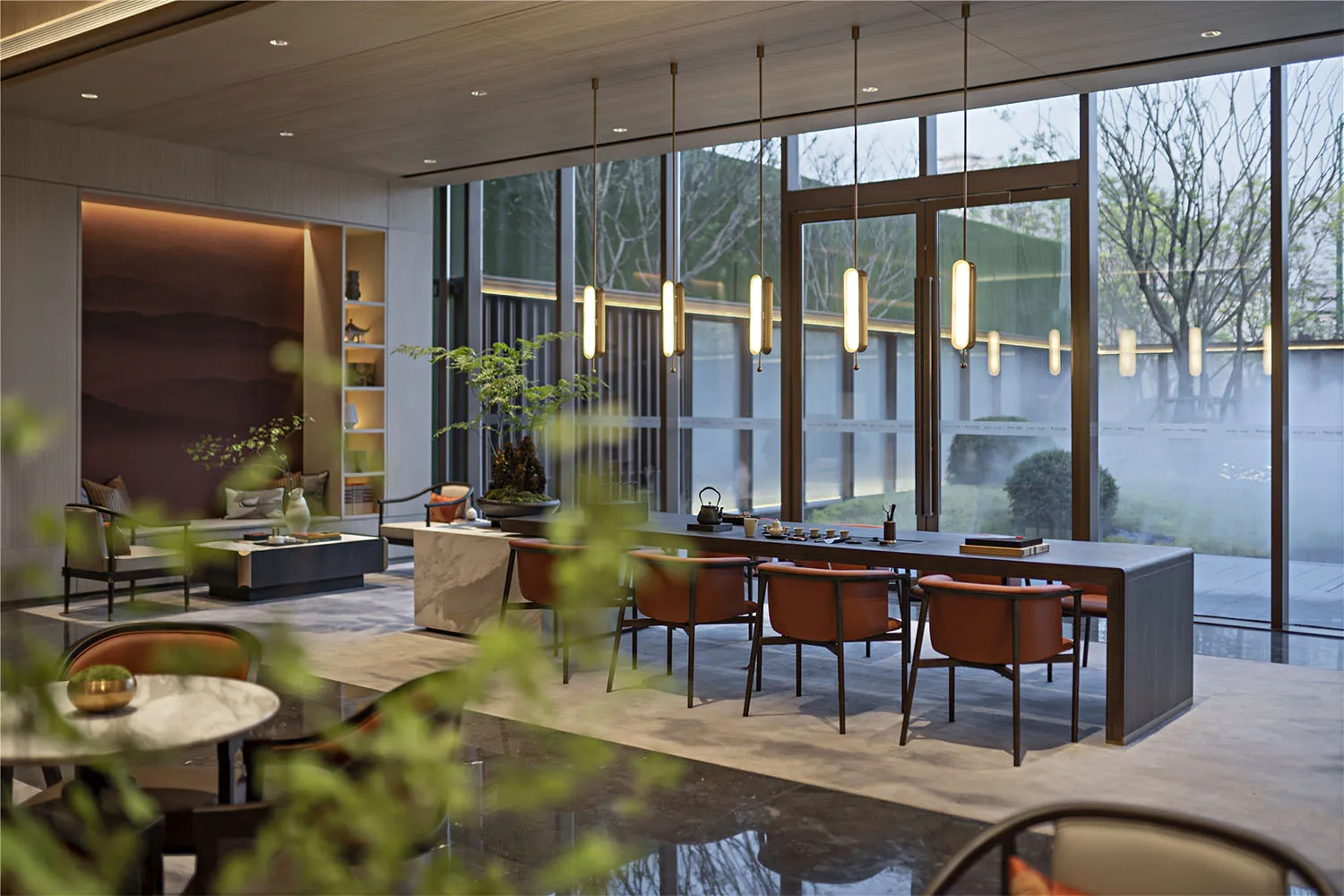 A modern living room with wooden furniture and minimalistic design.