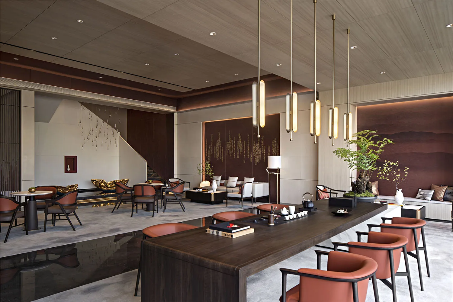 A modern living room features wooden furniture, leather accents, and metallic elements. The space is designed for comfort and