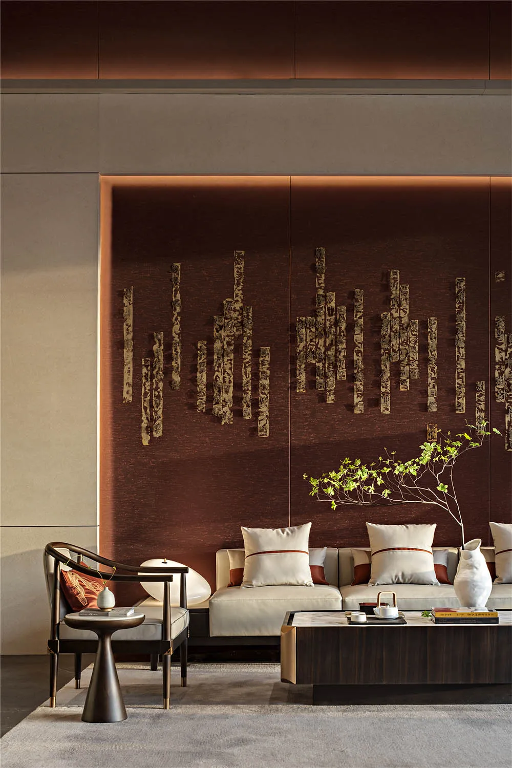 A modern lounge with a natural fiber sofa and concrete accents.