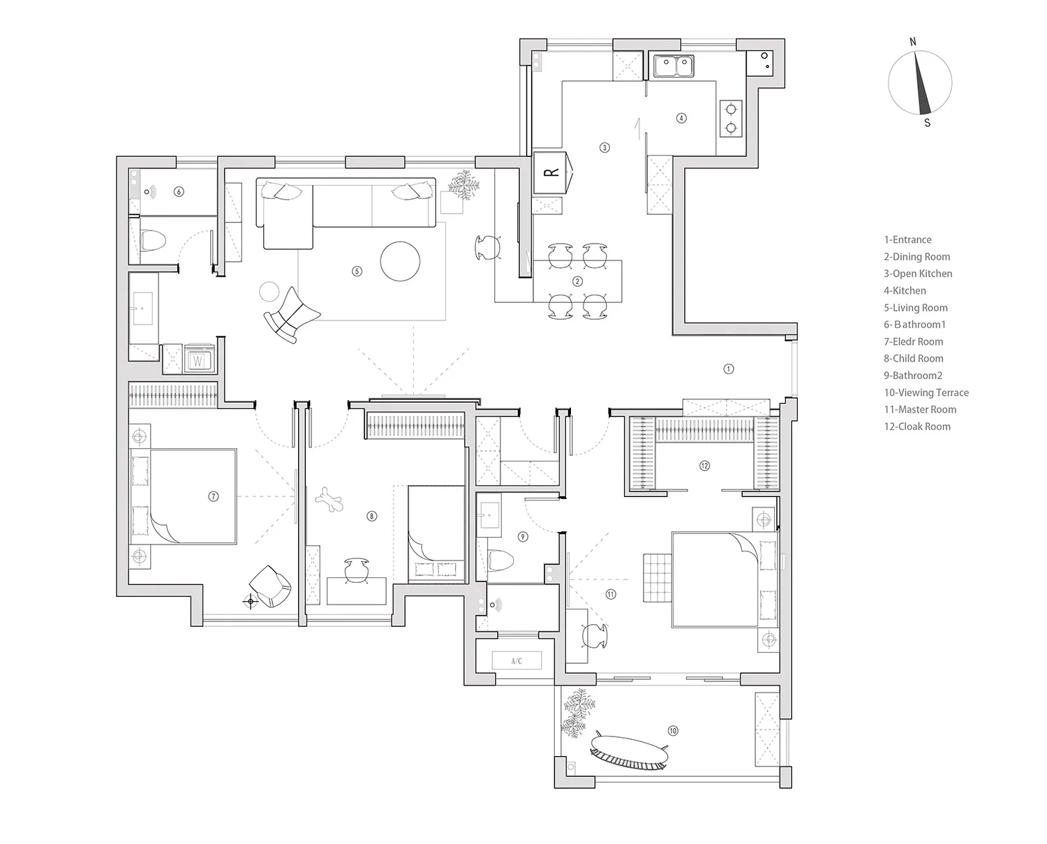 A detailed 2D technical drawing of a modern residential floor plan with mixed materials and open spaces.