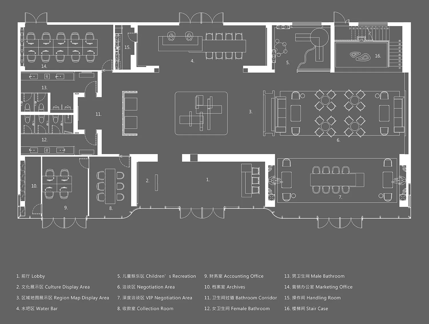 A detailed office layout diagram with white lines on a gray background, showing various rooms and areas within an office spac