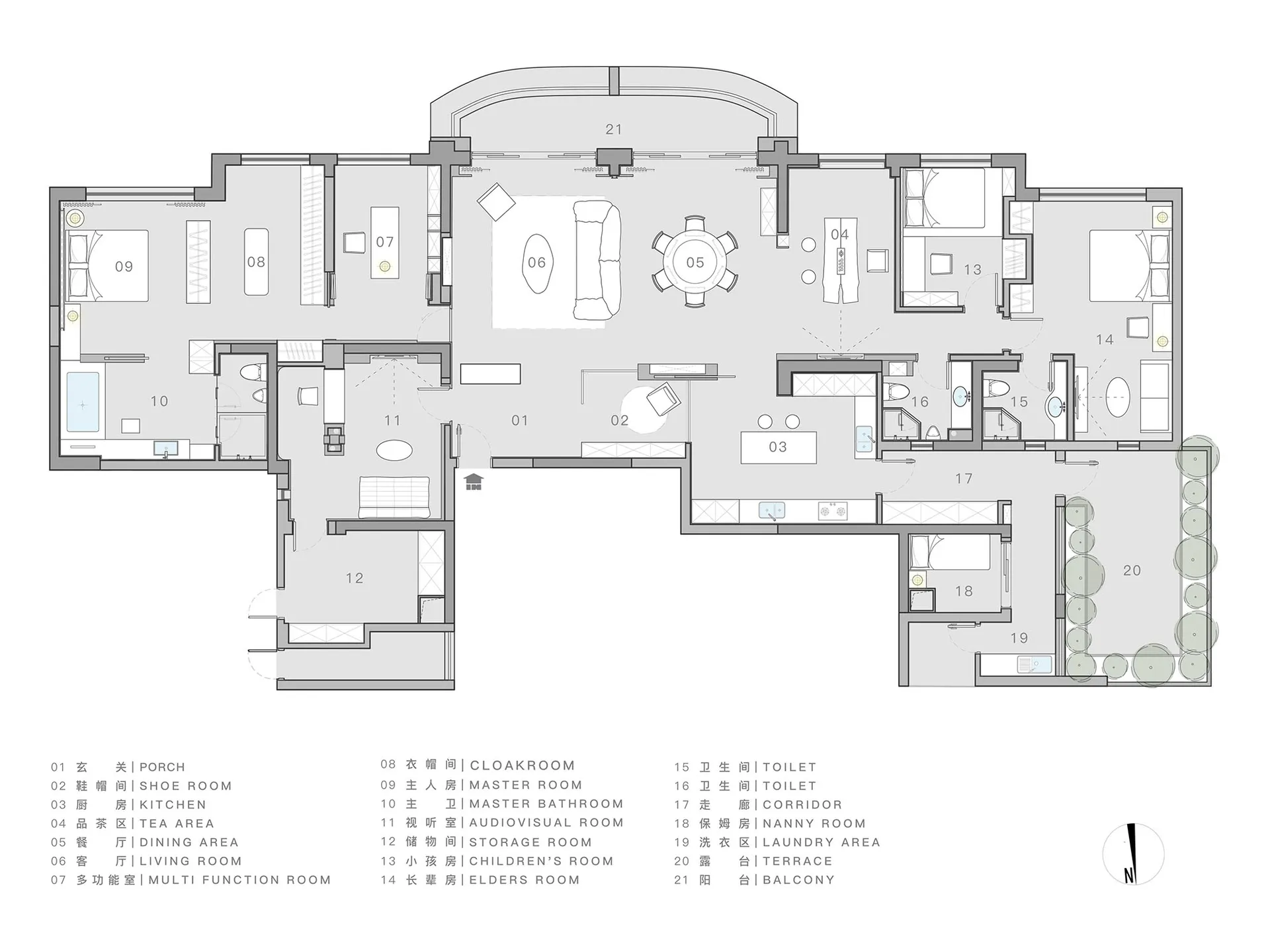 Modern home interior with living, dining, and bedroom spaces.
