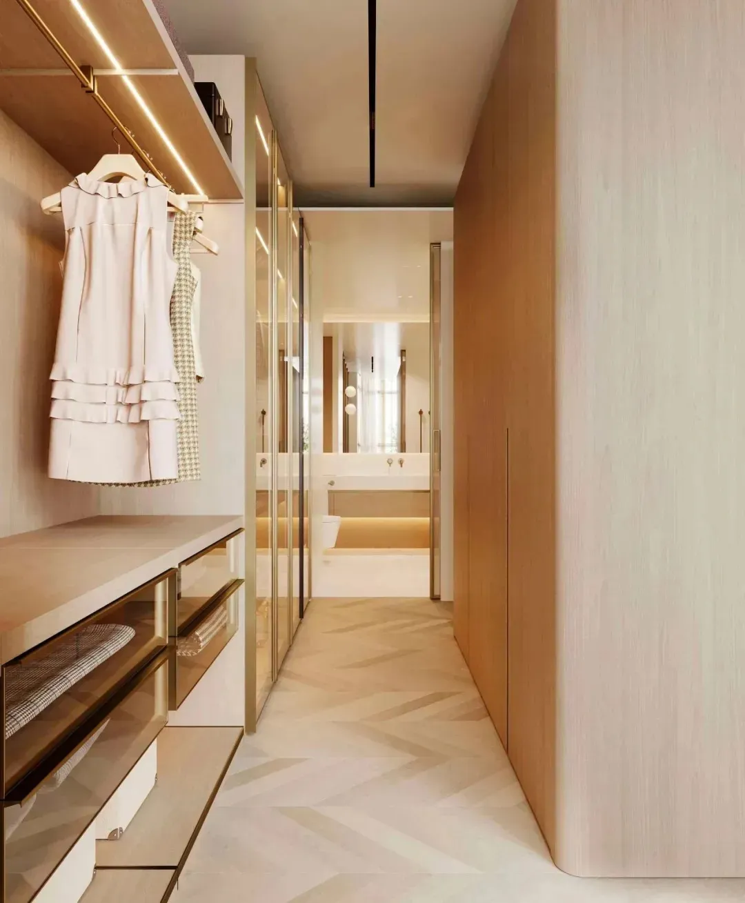 Modern closet with wooden and glass elements, featuring a walk-in wardrobe with a built-in vanity and vanity mirror.