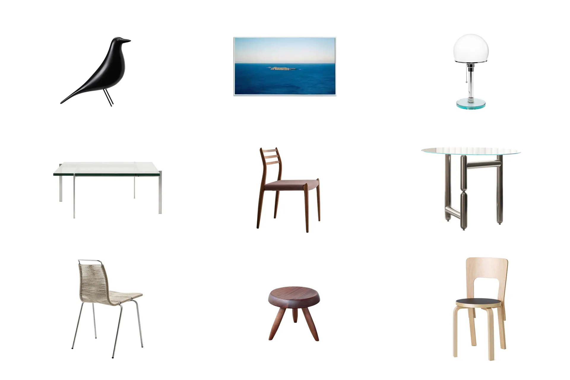 Modern home decor featuring glass, metal, wood, plastic, and straw elements.