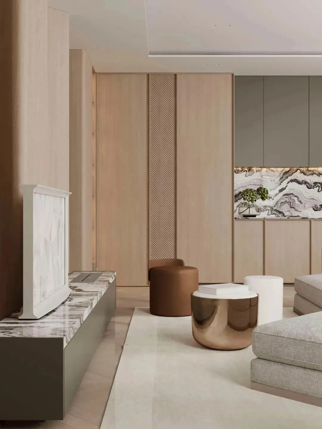 Modern minimalist living room featuring wooden cabinets, polished stone countertops, and metallic furniture.