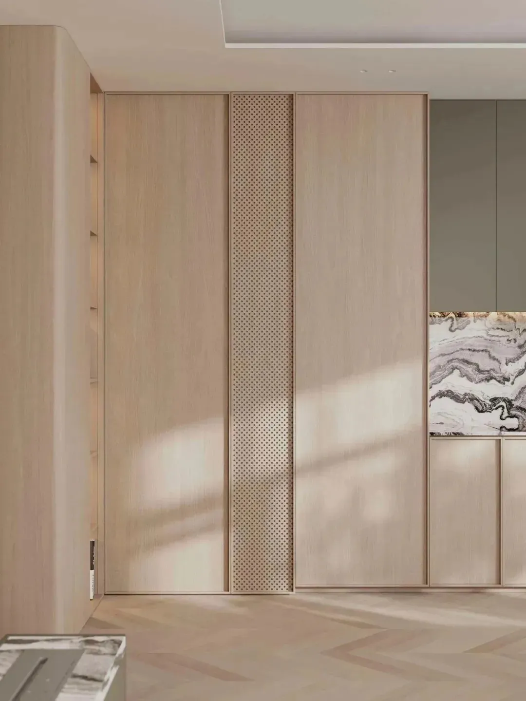 A modern bedroom featuring wooden furniture and a sleek, minimalist design.