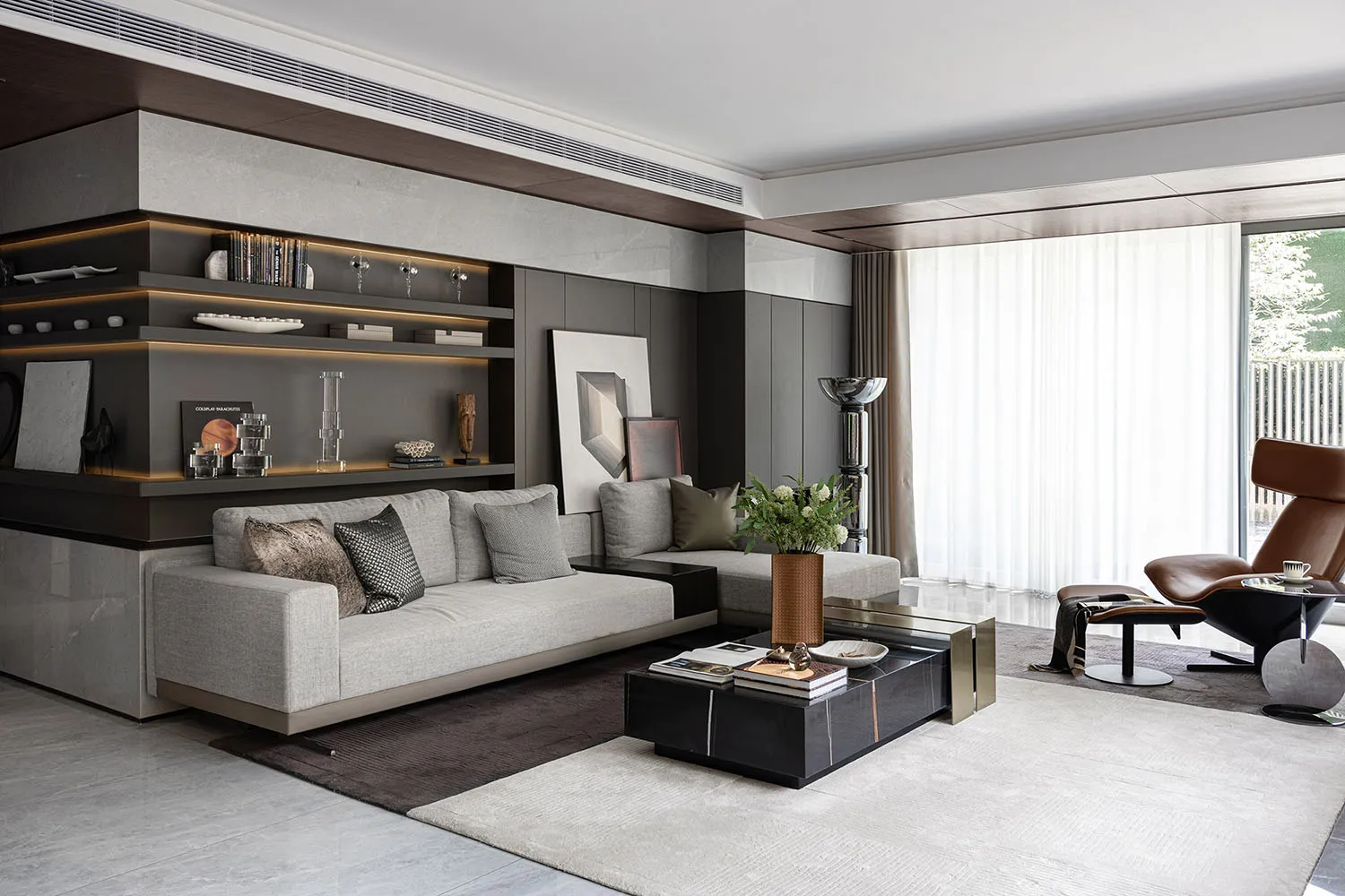 Modern living room featuring mixed materials like wood, glass, and leather.