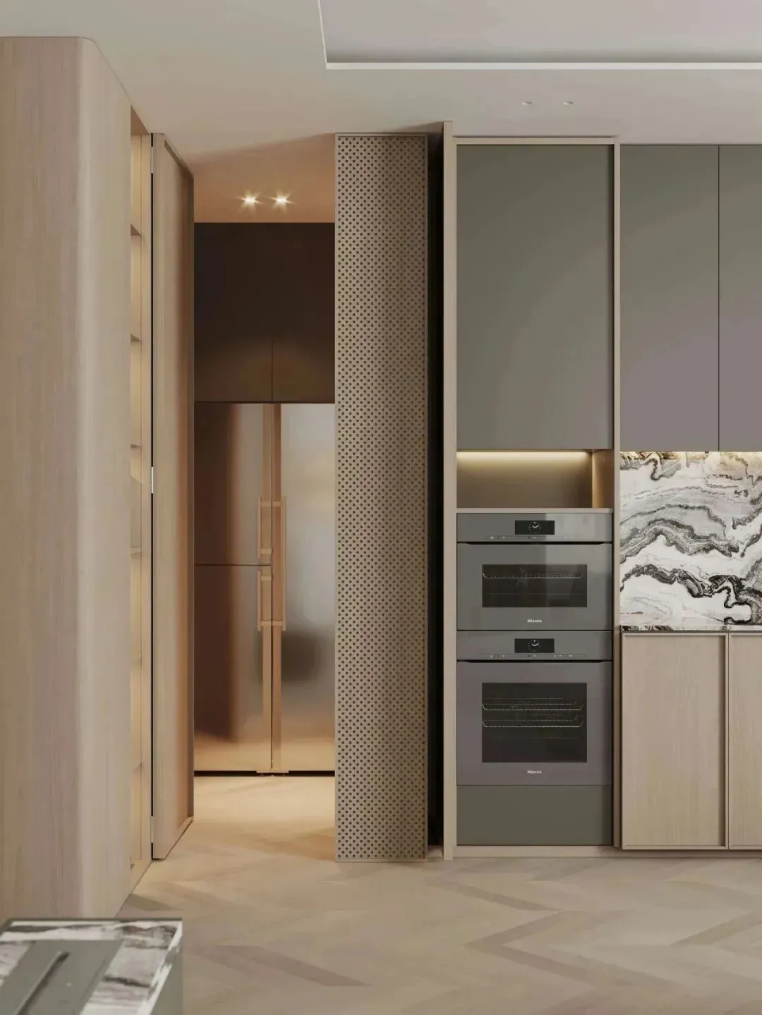Modern kitchen featuring wood cabinetry and metallic appliances in a residential setting.