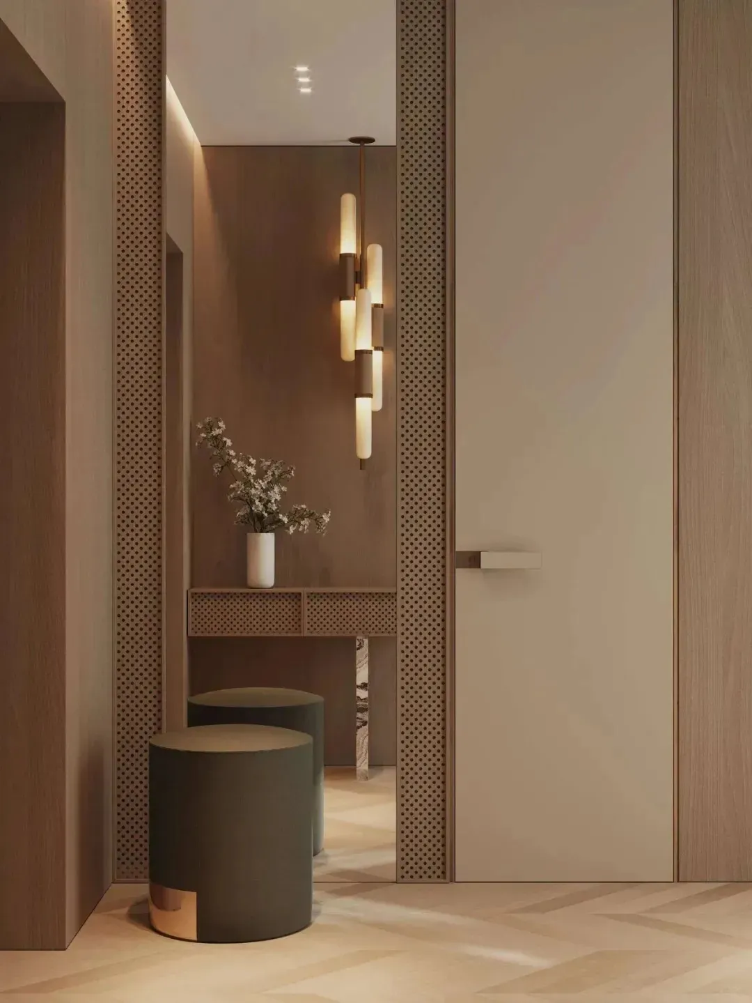 Modern entrance hallway with wooden paneling, a white door, and contemporary lighting fixtures.