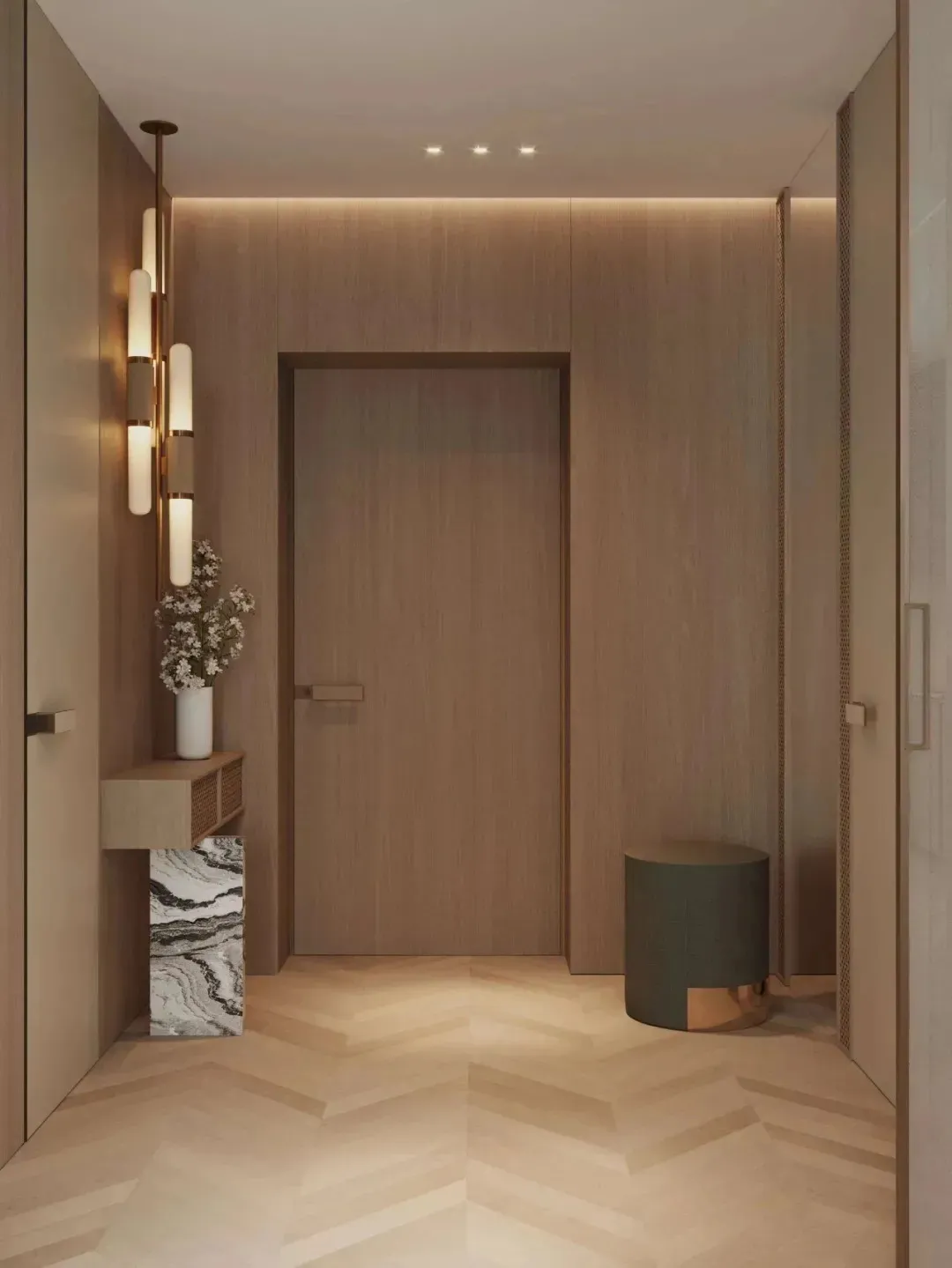 A modern hallway with wooden paneling and marble flooring.
