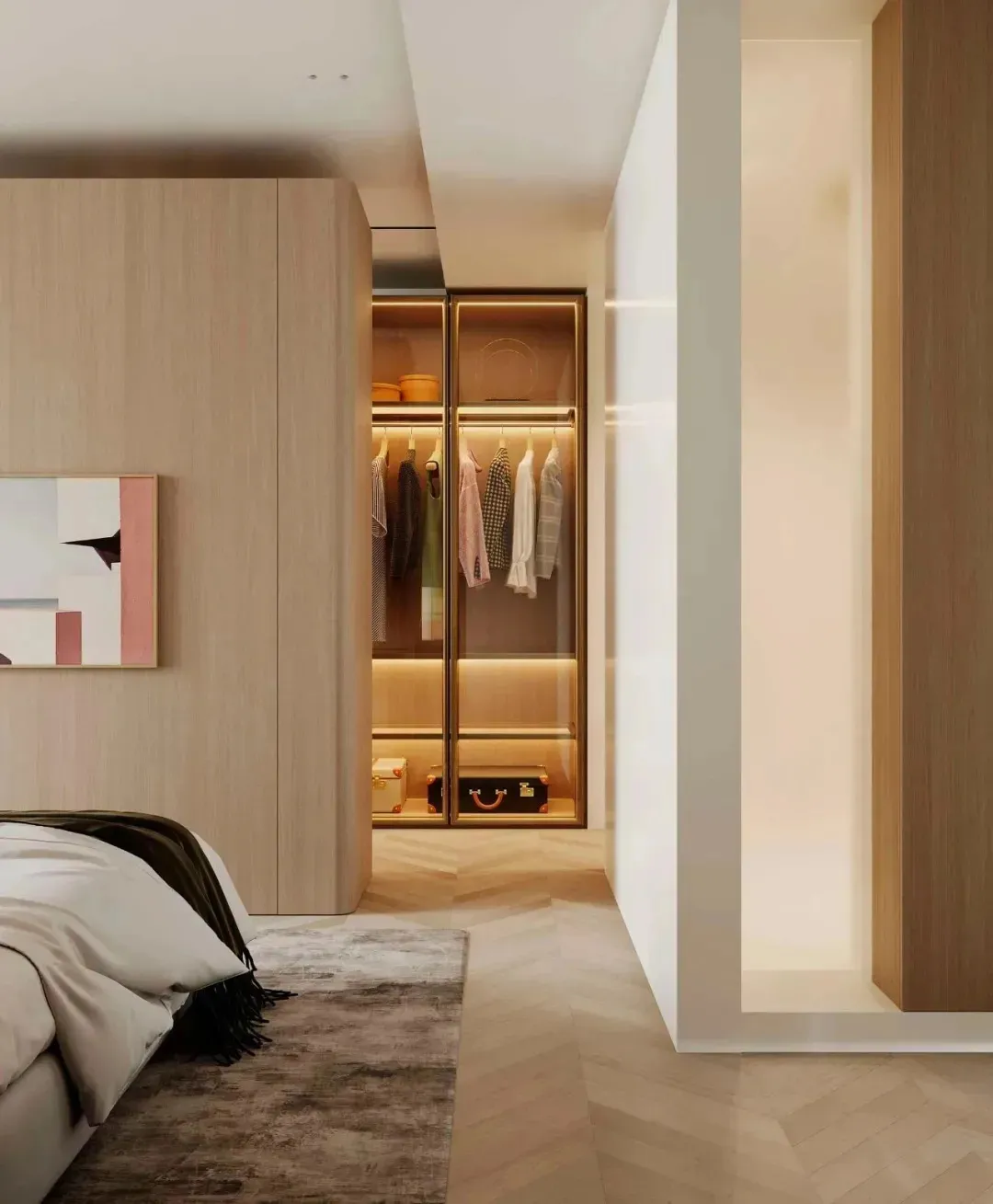 Modern bathroom with contemporary wood elements, including a closet with accent lighting and storage boxes.