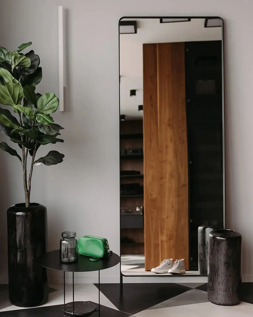 A modern entrance with a large black-framed glass mirror, a green leather clutch bag, and a green plant, set against a black 