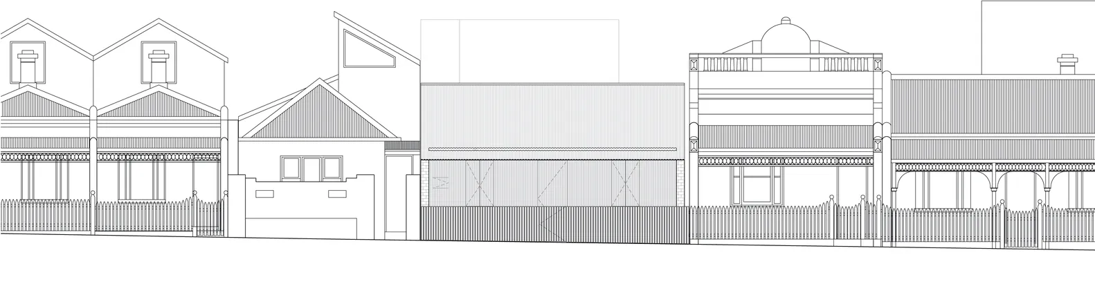 一幅線稿展示住宅渲染,呈現多種建築特色與材質。