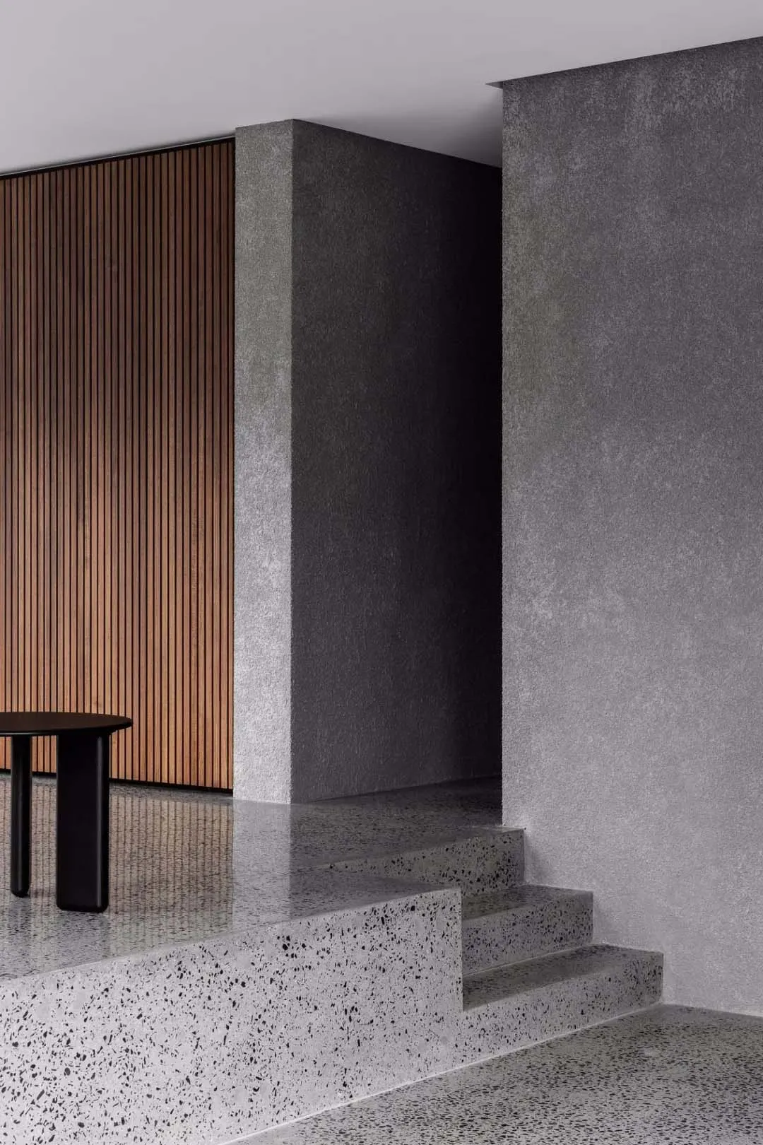 A modern residential entryway featuring concrete and terrazzo materials.