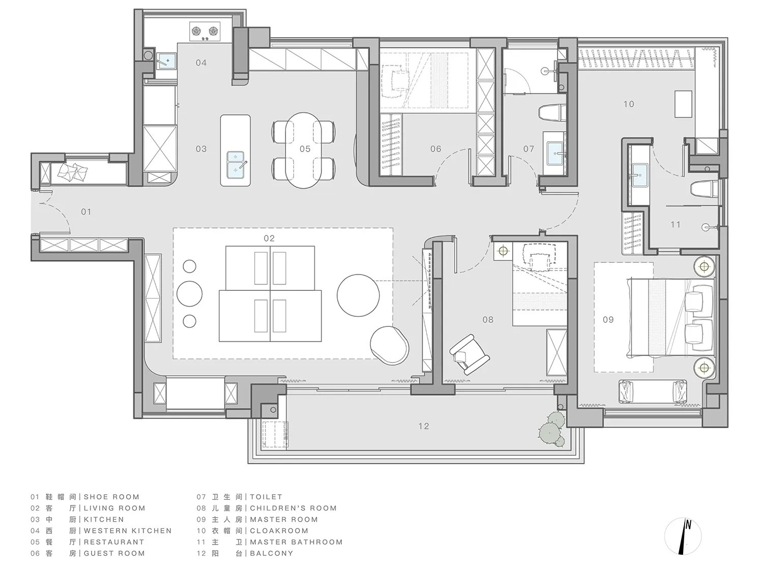 一張詳細的2D建築圖，展示現代住宅公寓的平面配置，清楚呈現各個房間與空間。