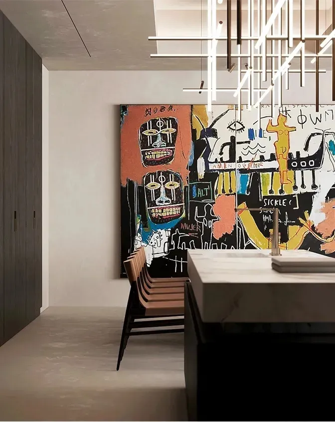 Contemporary interior design space featuring a modern artwork with bold, abstract shapes and vibrant colors.