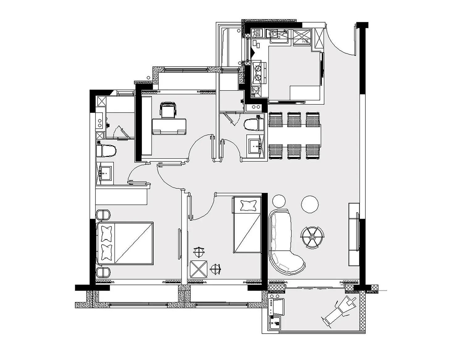 Floor plan of a modern residential apartment showing layout and design elements.