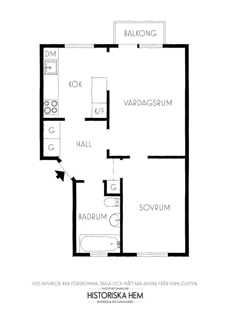 Floor plan of an apartment with a balcony, kitchen, living room, bathroom, bedroom, and hallway.