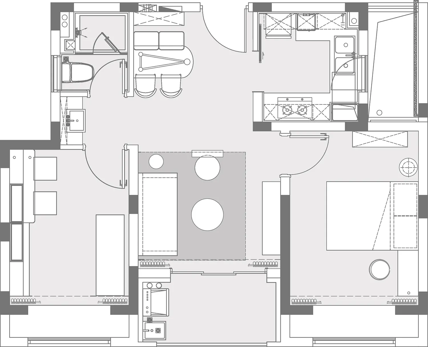 Floor plan of a modern apartment showing living room, kitchen, bedrooms, and bathrooms.