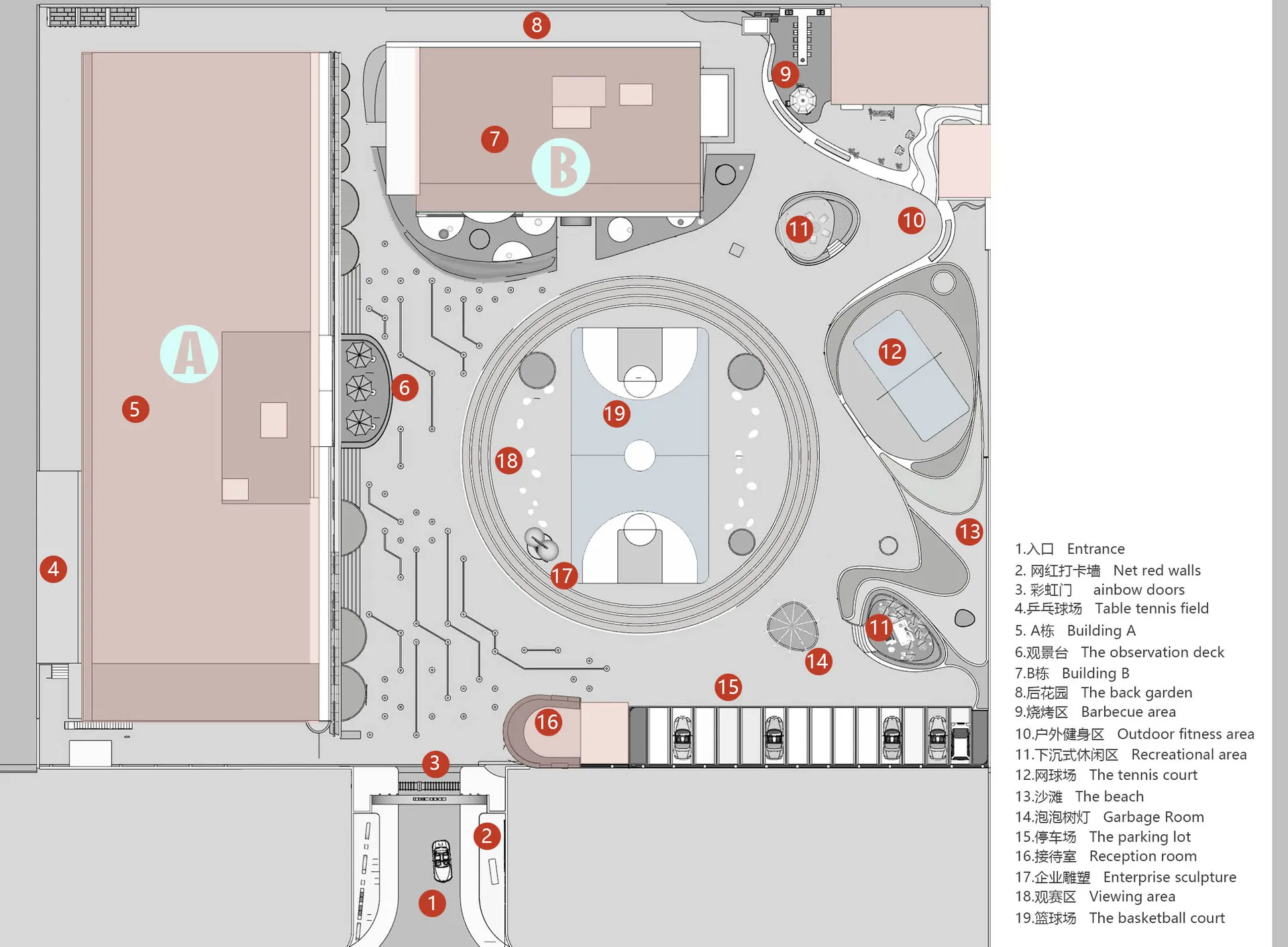 Floor plan of a park with concrete, glass, and metal structures