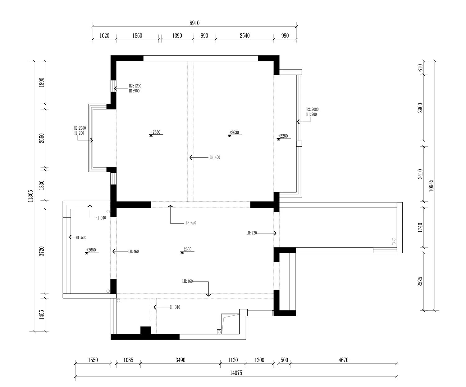 2D architectural plan of a modern residential space with concrete walls and floors.