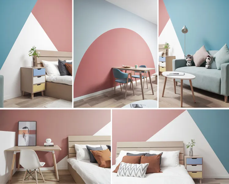 An image showcasing a modern interior design with a color block wall featuring a combination of blue, pink, and white.