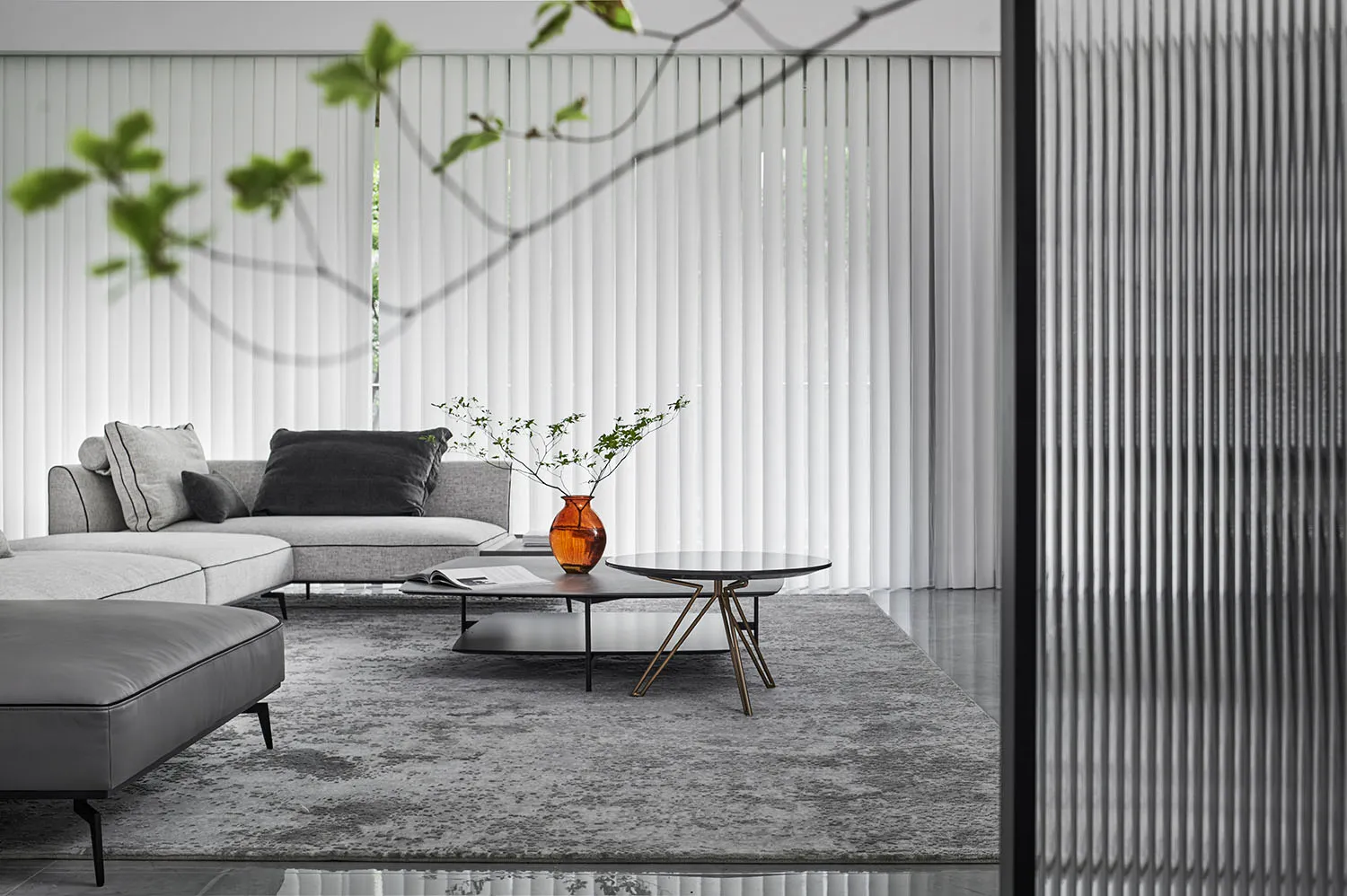 Modern minimalist living room with grey sofa, black coffee table, and white blinds.