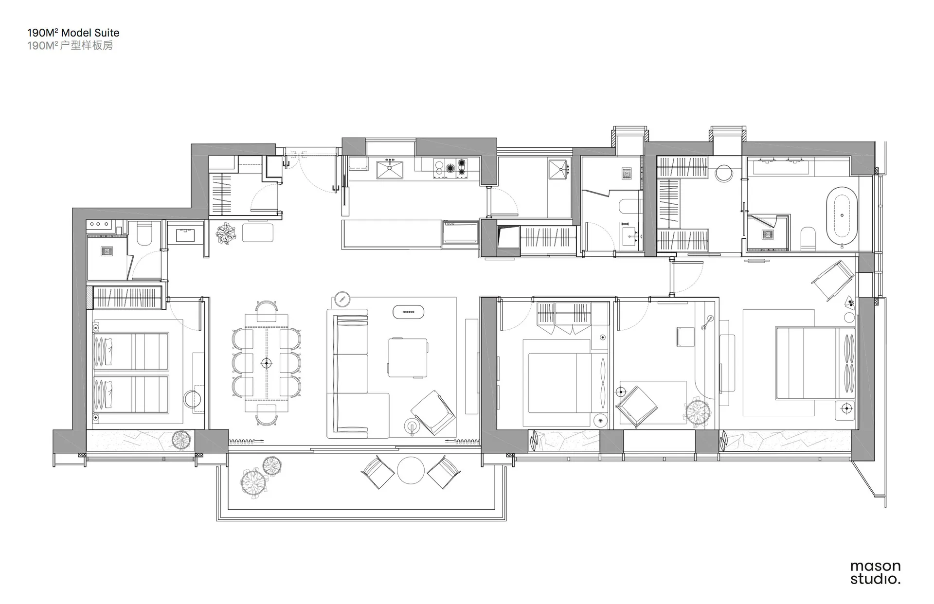 190 square meter residential apartment layout with three bedrooms, two bathrooms, and an open kitchen and living area.