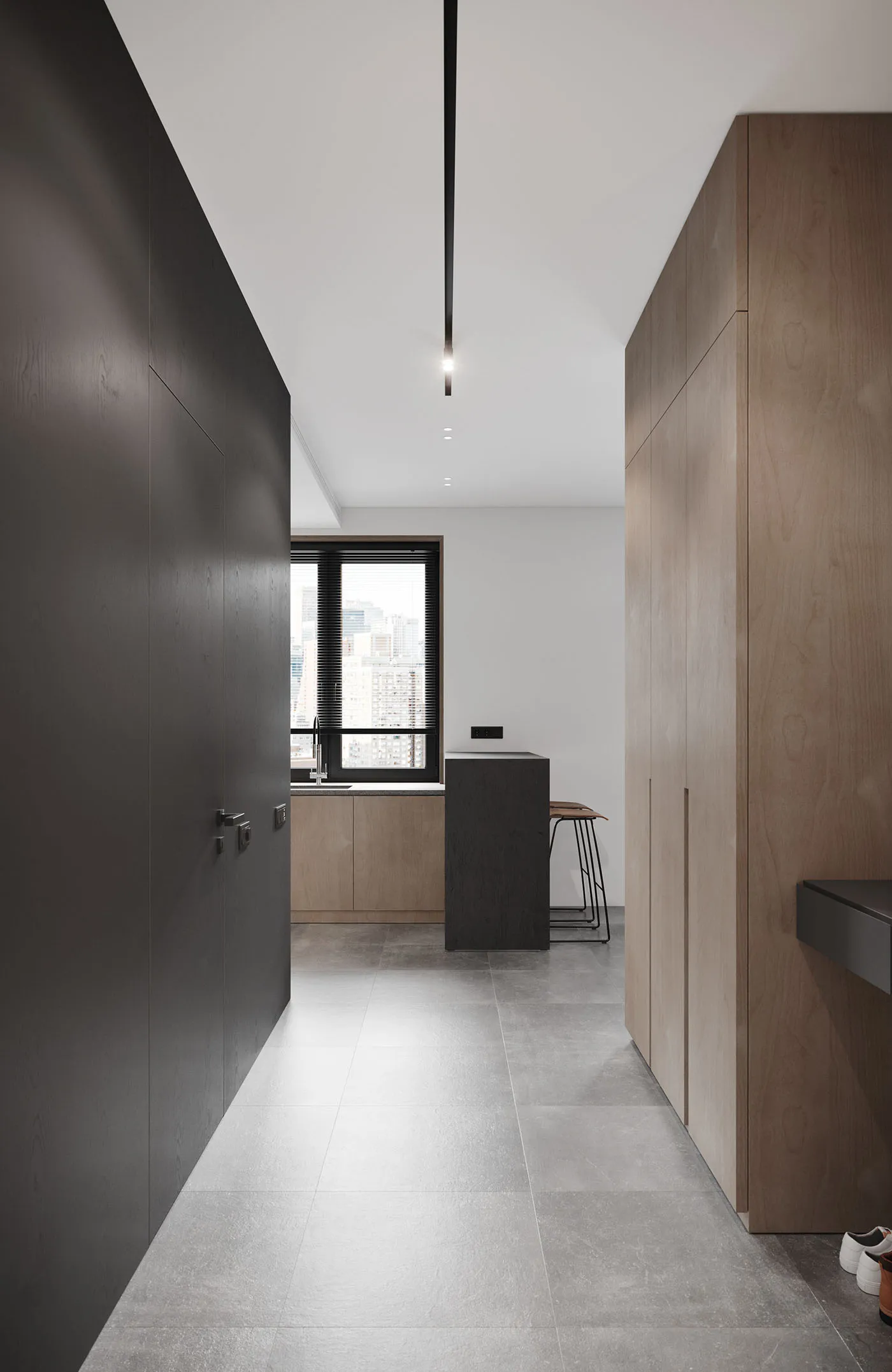 Modern, minimalist kitchen featuring wooden cabinets and sleek, contemporary design.