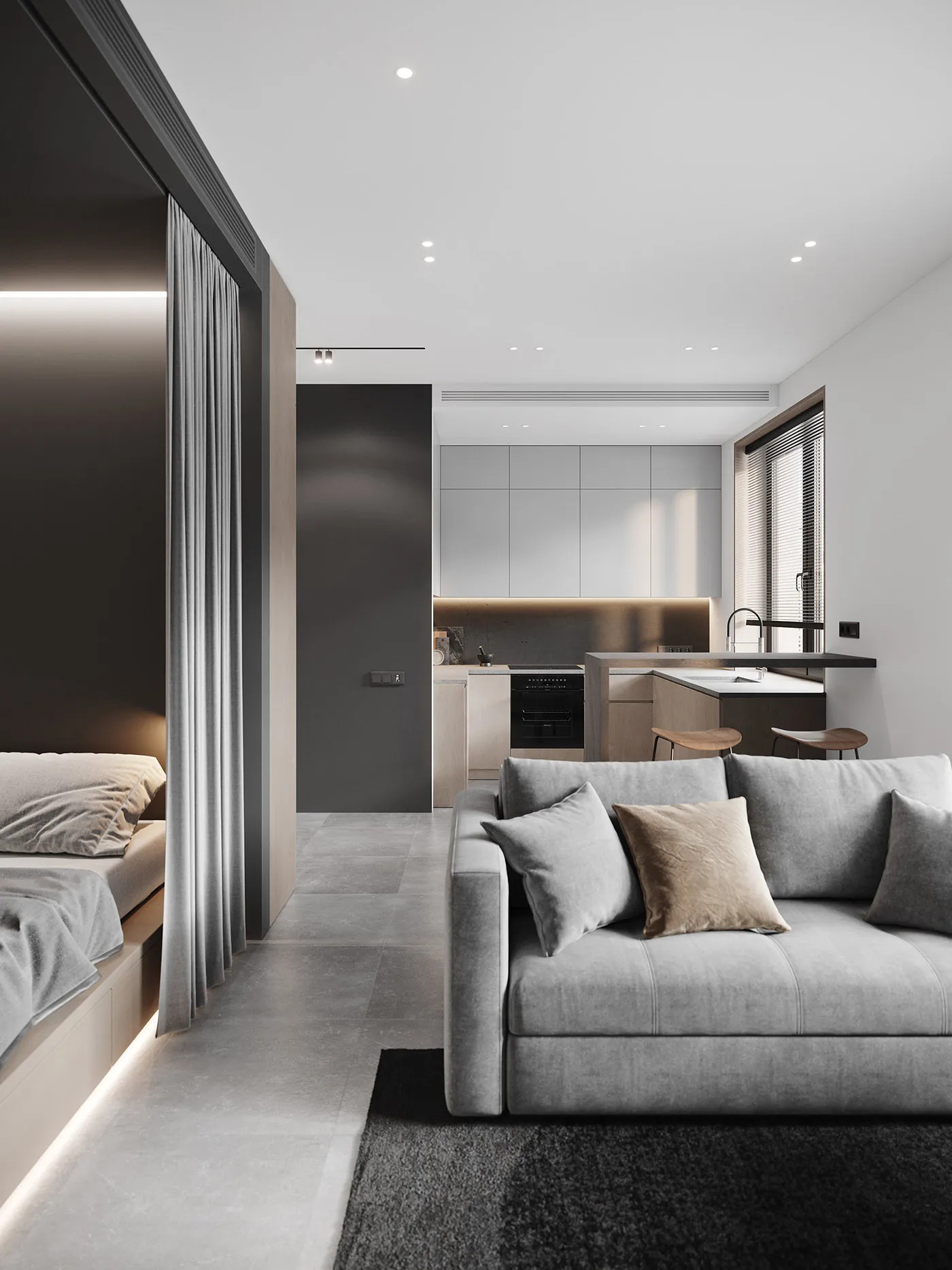 Modern minimalist living room and kitchen with concrete, wood, and leather materials.