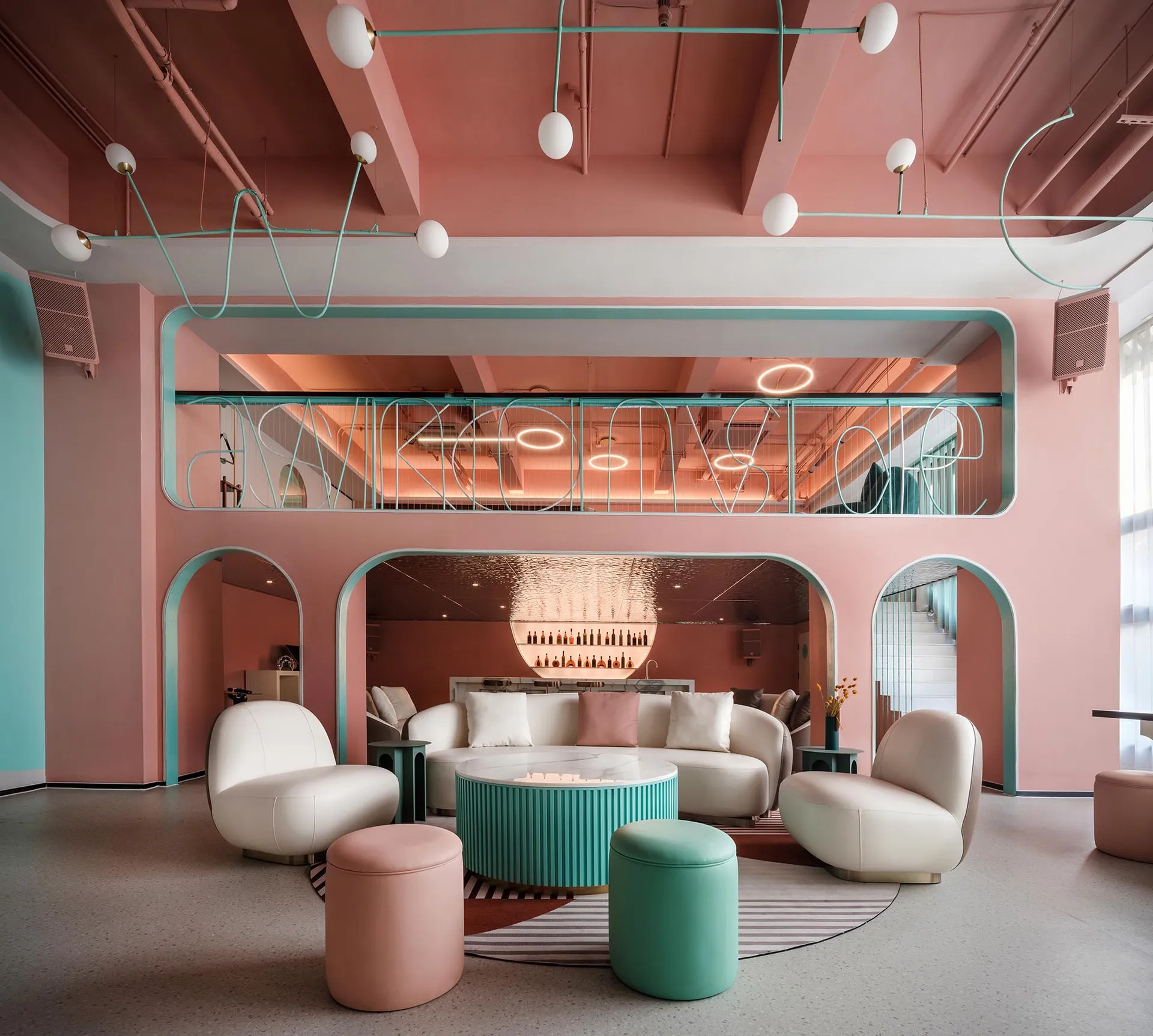 A modern minimalist coffee shop with pastel colors and sleek furniture.