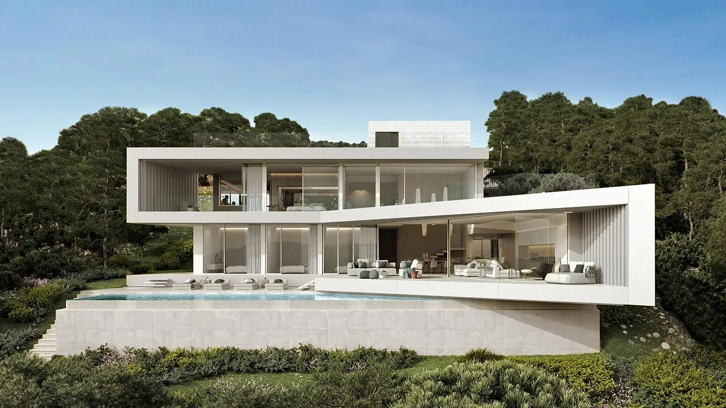 A modern house with a glass exterior and a swimming pool surrounded by greenery.